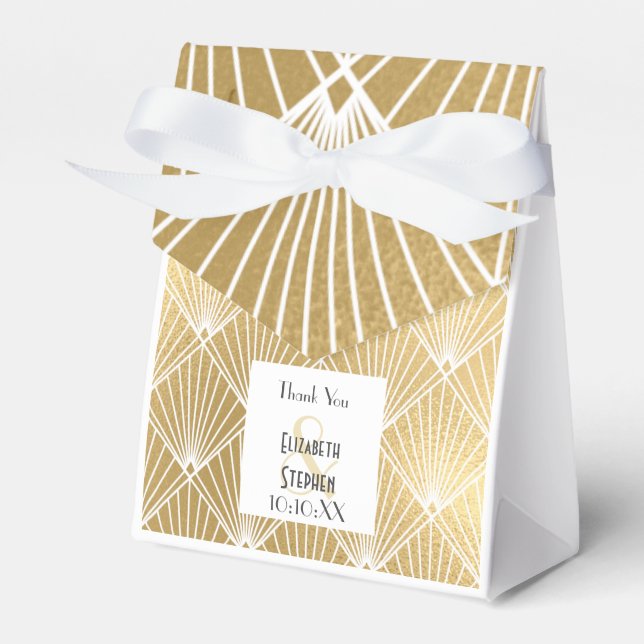 Elegant Gatsby Art Deco White & Gold Wedding  Favor Boxes (Front Side)