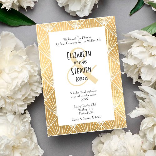 Elegant Gatsby Art Deco White  Gold Wedding Invitation