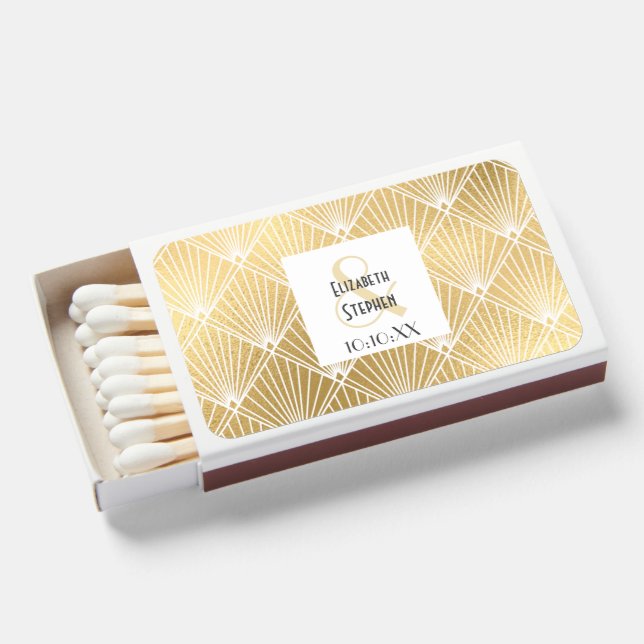 Elegant Gatsby Art Deco White & Gold Wedding  Matchboxes (Front Open)