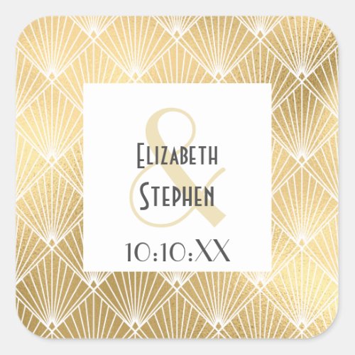 Elegant Gatsby Art Deco White  Gold Wedding Squar Square Sticker