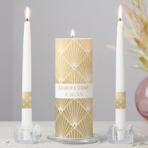 Elegant Gatsby Art Deco White  Gold Wedding  Unit Unity Candle Set