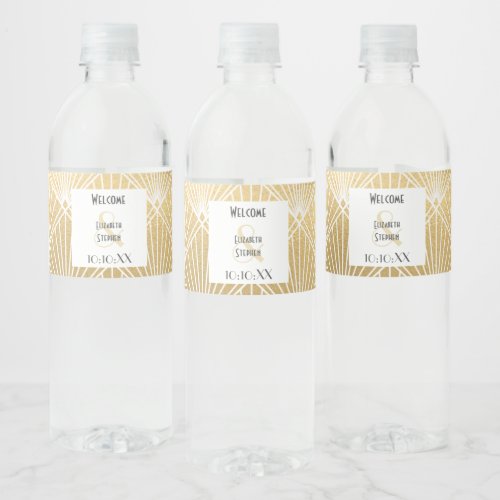 Elegant Gatsby Art Deco White  Gold Wedding  Water Bottle Label