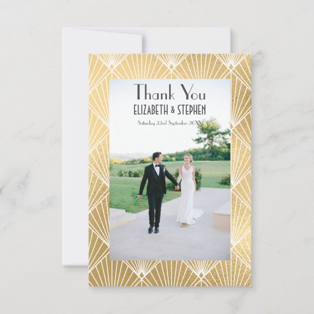 Elegant Gatsby Deco 1920 2  Photo Wedding Thankyou Thank You Card (Front)