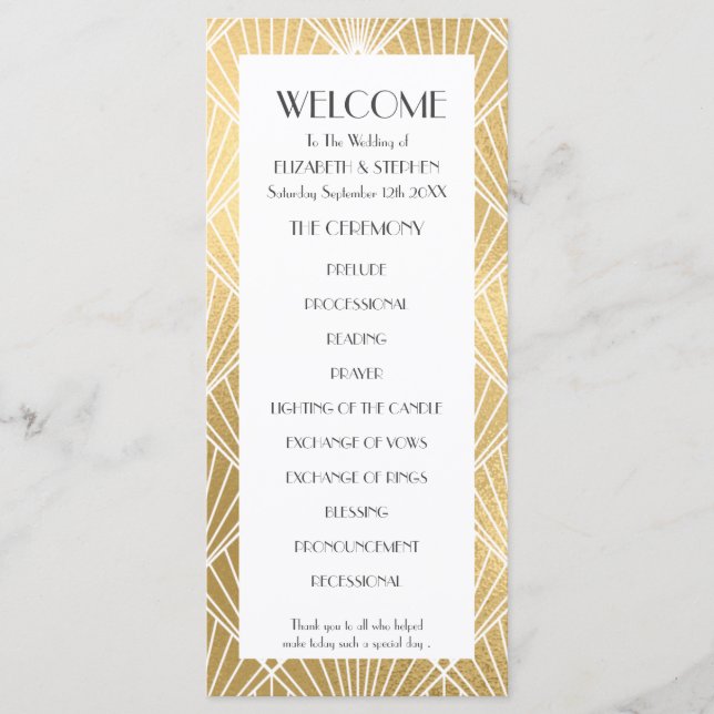 Elegant Gatsby  Deco White & Gold Wedding Program (Front)