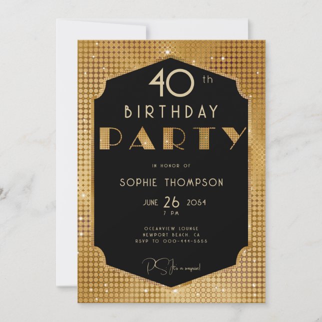 Elegant Gatsby Gold Glitter Black 40th Birthday Invitation (Front)