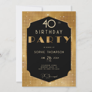 Elegant Gatsby Gold Glitter Black 40th Birthday Invitation