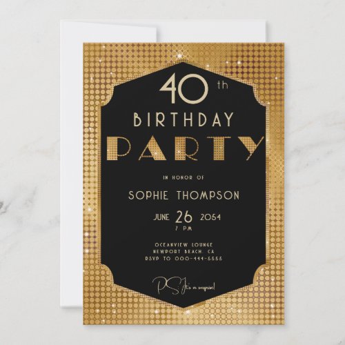 Elegant Gatsby Gold Glitter Black 40th Birthday Invitation