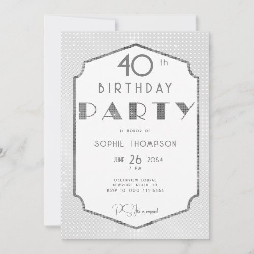 Elegant Gatsby White Deco Sequins 40th Birthday Invitation