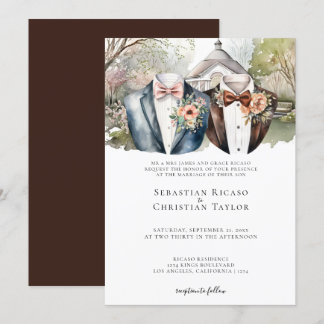 Elegant Gay Garden Wedding Two Grooms in Suits Invitation