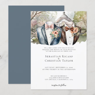 Elegant Gay Garden Wedding Two Grooms in Suits Invitation