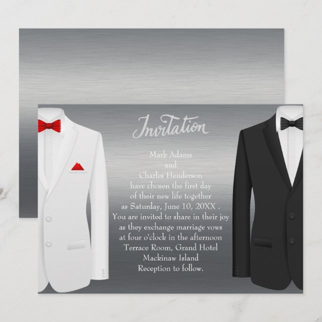 Elegant Gay Wedding Invitation Silver Tuxedos (Front/Back)