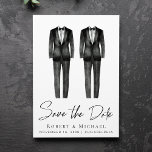 Elegant Gay Wedding Tuxedo Watercolor Save The Date<br><div class="desc">Elegant and chic gay wedding save the date announcement with two tuxedo watercolors and "Save the Date" in a stylish script. Add your names,  wedding date and location in modern typography. Personalize with your details on the back.</div>