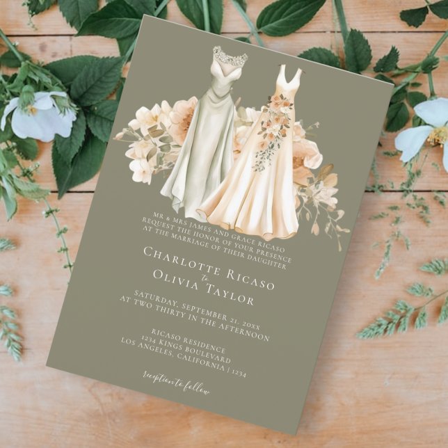 Elegant Gay Wedding Two Brides in Dresses Invitation (Creator Uploaded)
