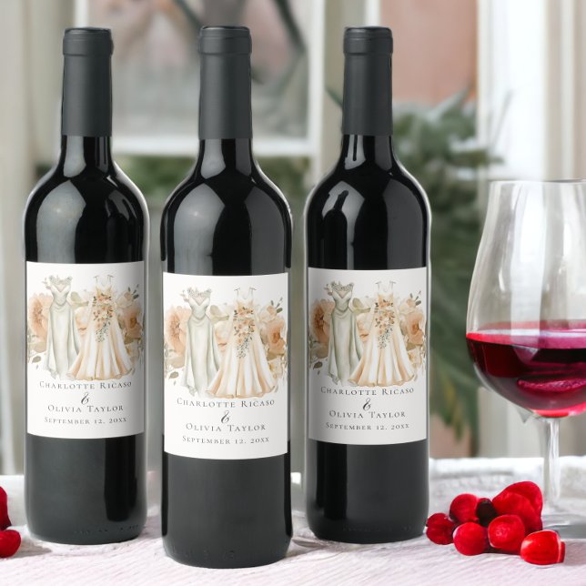 Elegant Gay Wedding Two Brides in Dresses Wine Label (Elegant Gay Wedding Two Brides in Dresses Wine Labels from Ricaso. Easy to personalize with own text)