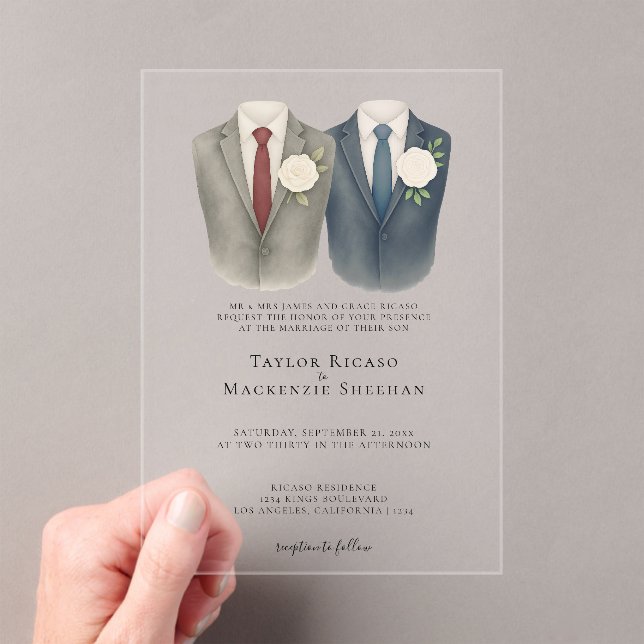 Elegant Gay Wedding Two Grooms in Suits Acrylic Invitations (Insitu (Handheld))