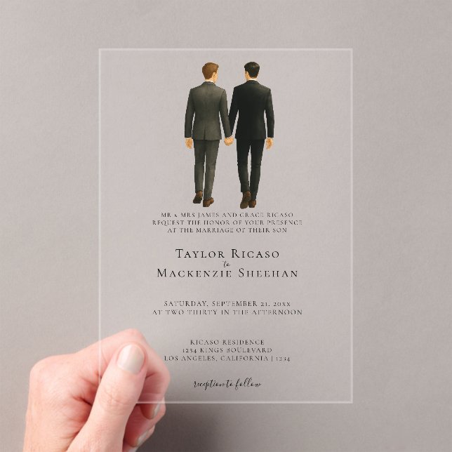 Elegant Gay Wedding Two Grooms in Suits Acrylic Invitations (Insitu (Handheld))