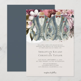 Elegant Gay Wedding Two Grooms in Suits Floral Invitation