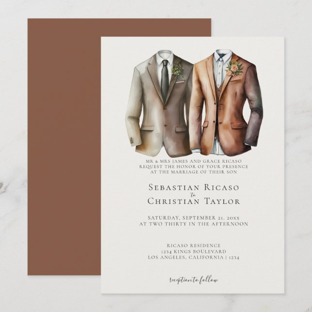 Elegant Gay Wedding Two Grooms in Suits Invitation (Front/Back)
