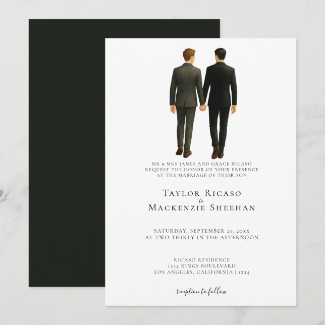 Elegant Gay Wedding Two Grooms in Suits Invitation (Front/Back)