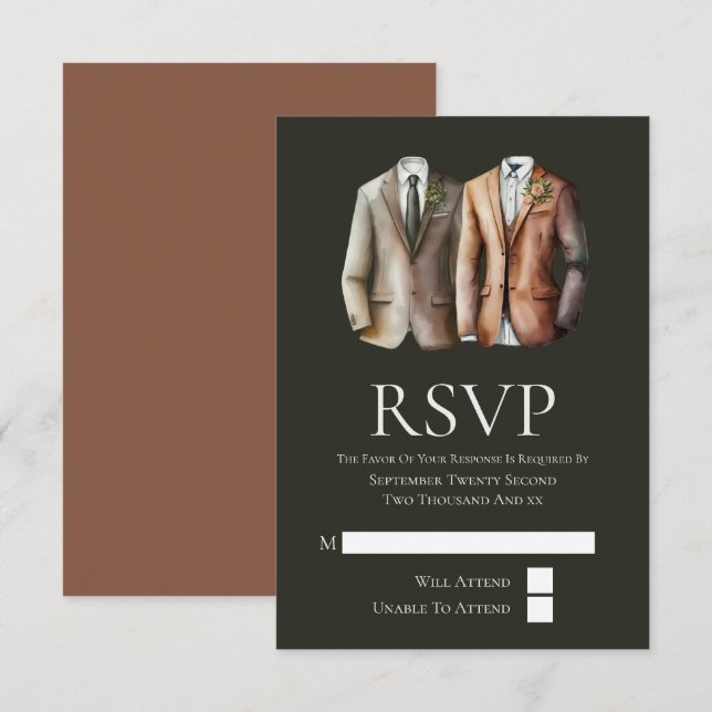 Elegant Gay Wedding Two Grooms in Suits RSVP Card (Front/Back)