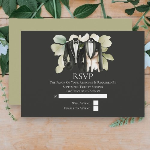 Elegant Gay Wedding Two Grooms in Suits RSVP Card