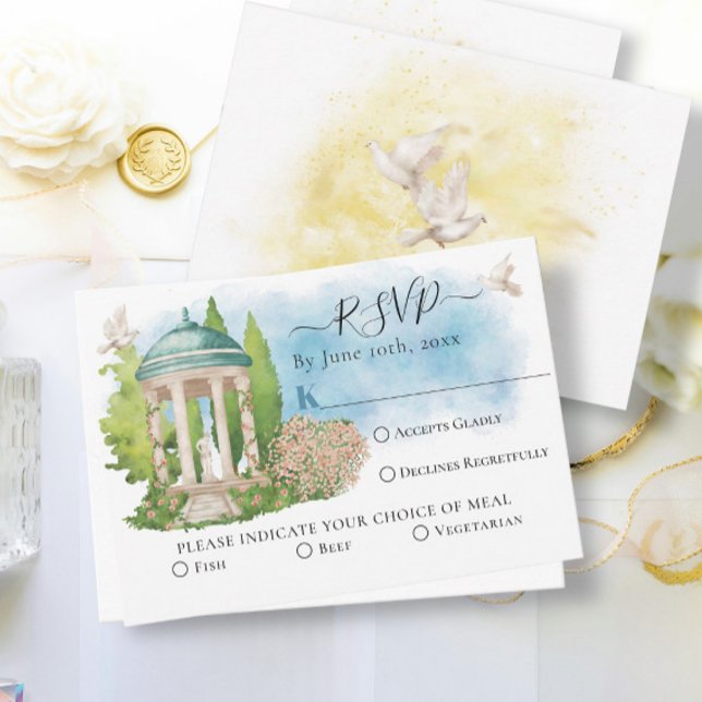 Elegant Gazebo flowers, doves Summer Wedding RSVP Card (Creator Uploaded)