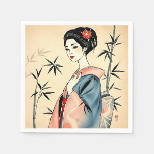 Elegant Geisha with Bamboo and Ink Patterns Napkins