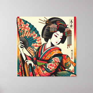 Elegant Geisha with Fan in Ukiyo-e Art Canvas Print