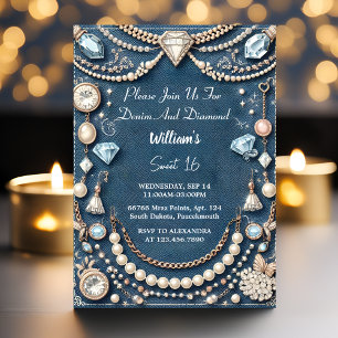 Elegant Gem Bling Denim And Diamonds Sweet 16 Invitation
