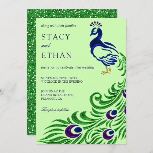 Elegant Gem Green Faux Glitter Peacock Wedding Invitation