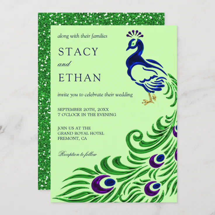 Elegant Gem Green Faux Glitter Peacock Wedding Invitation | Zazzle