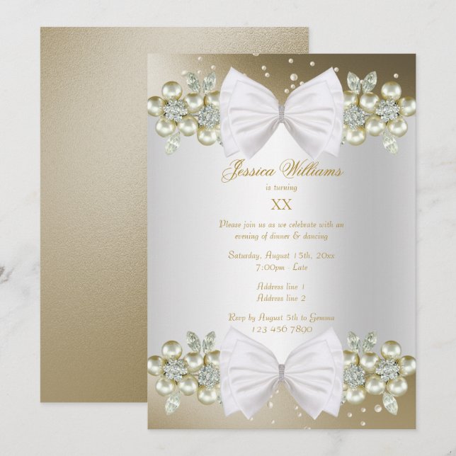 Elegant Gems & Bow Gold Birthday Invitation (Front/Back)