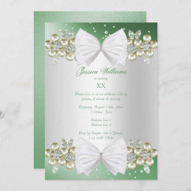 Elegant Gems & Bow Green Birthday Invitation (Front/Back)