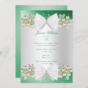 Elegant Gems & Bow Green Birthday Invitation