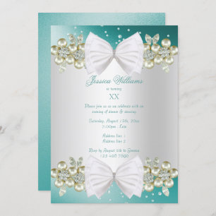Elegant Gems & Bow Teal Birthday Invitation