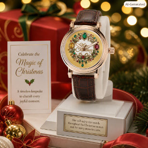 Elegant Gemstone Christmas Holiday Wreath Watch