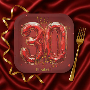 Elegant Gemstone Ruby and Gold 30th Birthday Paper Plates