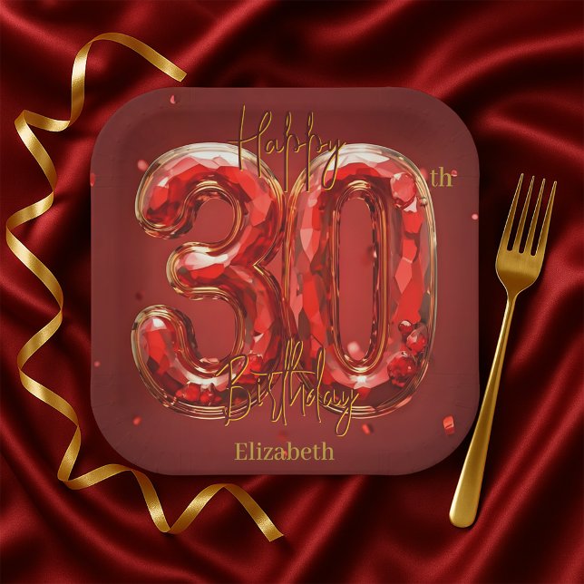 Elegant Gemstone Ruby and Gold 30th Birthday Paper Plates (Creator Uploaded)