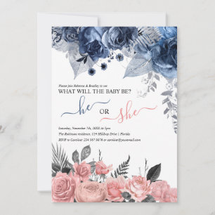 Elegant Gender Reveal Blue And Pink Floral Invitation
