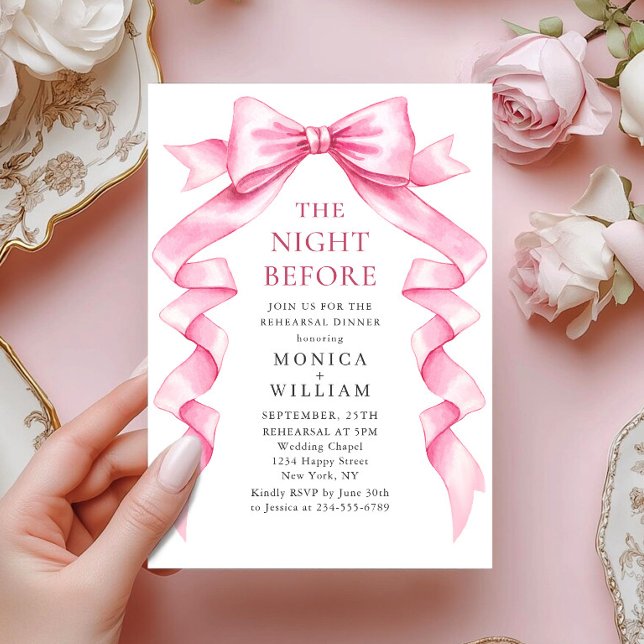 Elegant Gentle Pink Bow Ribbon Rehearsal Dinner Invitation (Creator Uploaded)