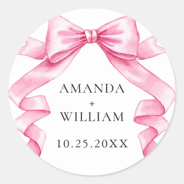 Elegant Gentle Pink Hand Drawn Bow Wedding Classic Round Sticker (Front)
