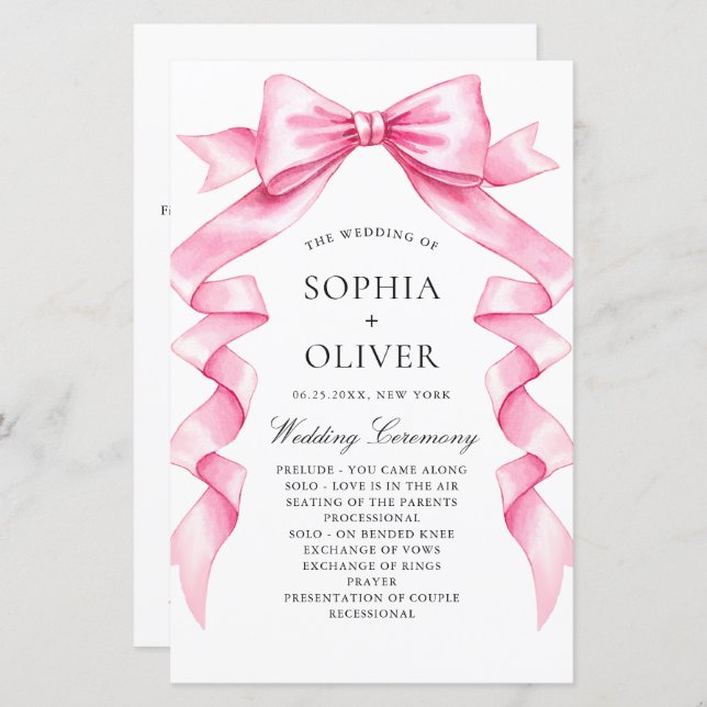 Elegant Gentle Pink Hand Drawn Bow Wedding Program (Front/Back)