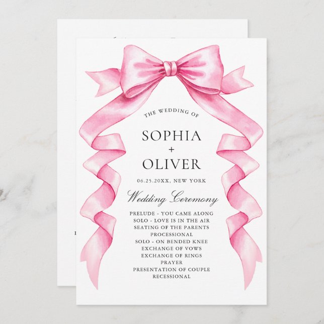 Elegant Gentle Pink Hand Drawn Bow Wedding Program (Front/Back)