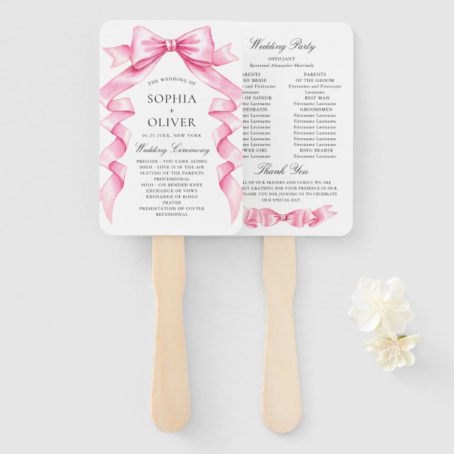 Elegant Gentle Pink Hand Drawn Bow Wedding Program Hand Fan (Front and Back)
