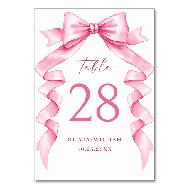 Elegant Gentle Pink Hand Drawn Bow Wedding Table Number (Front)