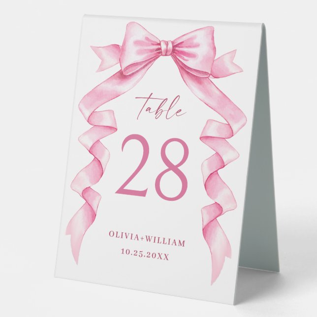 Elegant Gentle Pink Hand Drawn Bow Wedding Table Tent (Front)