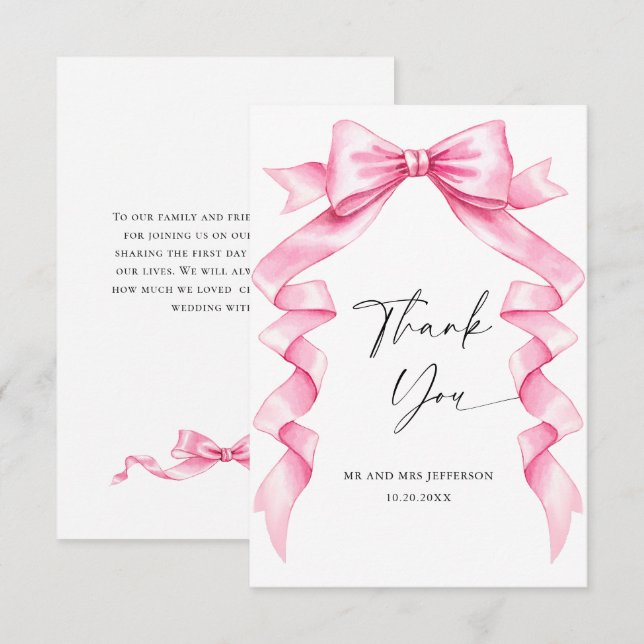 Elegant Gentle Pink Hand Drawn Bow Wedding Thank You Card (Front/Back)