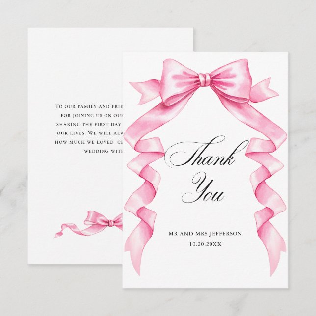 Elegant Gentle Pink Hand Drawn Bow Wedding Thank You Card (Front/Back)