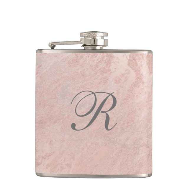 Elegant gentle rose gold marble wedding monogram flask (Front)