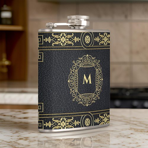 Elegant Gentleman Art Deco Gold Glitter Initial Flask